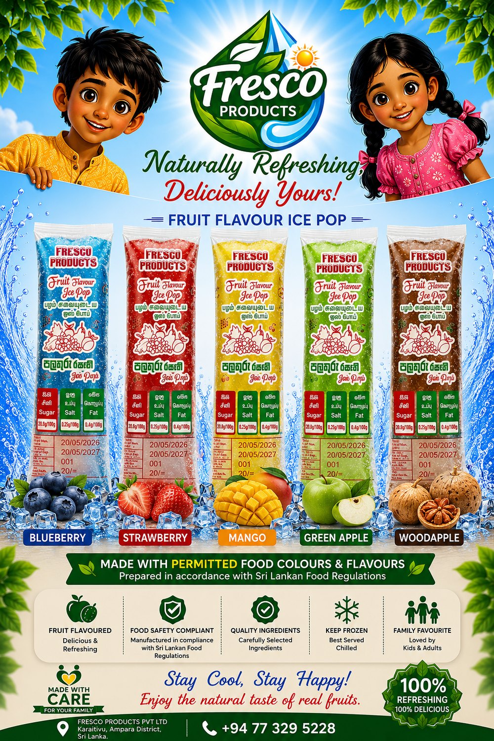 Fresco Products full range — Blueberry, Strawberry, Mango, Green Apple & Woodapple ice pops